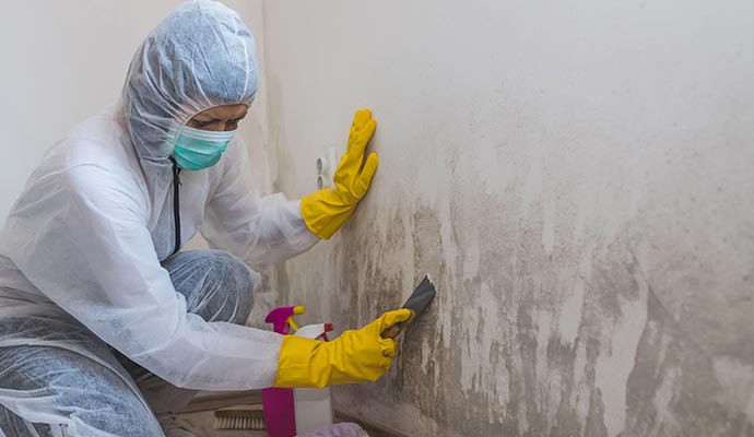 Worker cleaning mold from the white wall